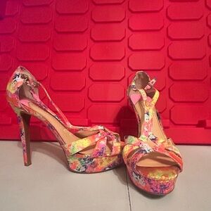 Gianni Bini Multicolor Neon Stiletto Heels Sandals Ankle Strap Open Toe Size 7.5
